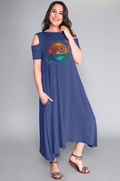 Curvy Trend Large Size Salty Water Printed Off-The-Shoulder Dress