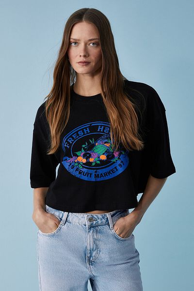 GRIMELANGE Ahrı Women's Relaxed Fit Crew Neck Printed Black T-Shirt