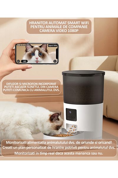 NEXTLY Hranitor Automat Pentru Caini Si Pisici, , Wifi, Camera Video Fullhd, Capacitate 3l