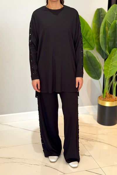 Ceremony Tunic Suit with Side Staples and Stone Detail 5983 Black