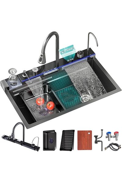NEXTLY Set Chiuveta Multifunctionala Smart, , Afisaj Digital, Doua Cascade, Iluminare Ambientala