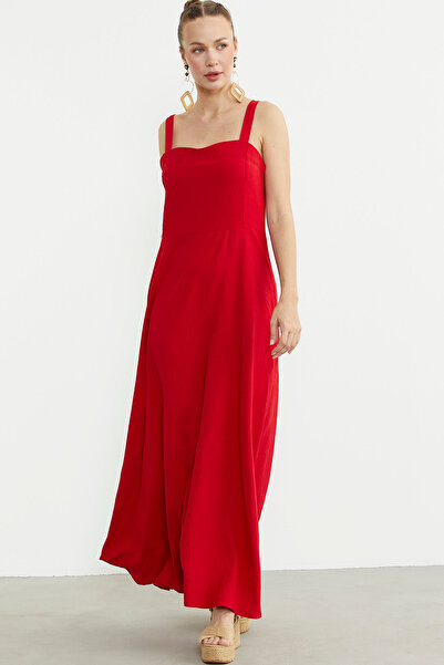 Sementa Μακρύ κρεπ φόρεμα με λεπτό λουράκι - κόκκινο