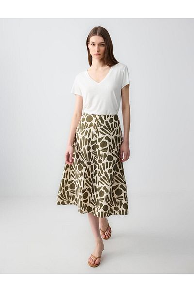 Jimmy Key Green 100% Linen Relaxed Cut High Waist Patterned Midi Skirt
