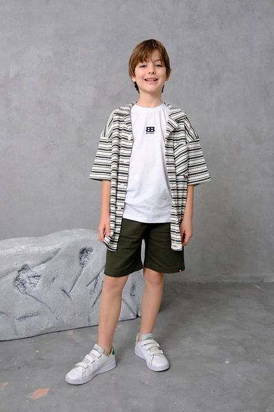Minigimin Cicileri My Little One's Cicileri Bb Striped Cardigan Shorts Boy's 3-Piece Combination - Khaki