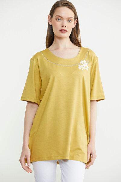 Sementa Embroidered Large Size Combed Cotton T-Shirt - Mustard