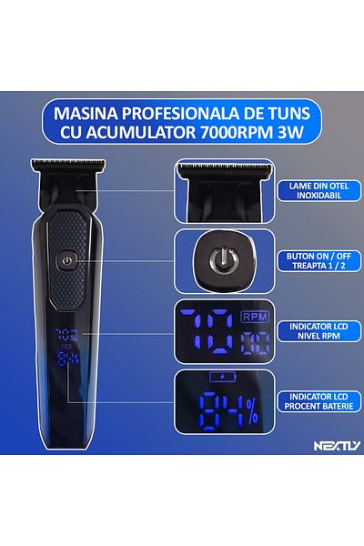NEXTLY Masina Profesionala De Tuns, , Cu Acumulator, 1200mah, 2 Trepte De Viteza, Afisaj Digital