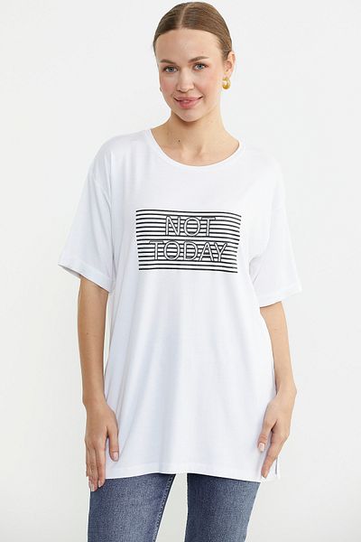 Sementa Tricou lung cu decolteu cu imprimeu - alb