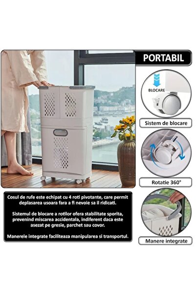 NEXTLY Laundry Basket, Children's Toys And Other Objects, 3 Compartments, 4 Removable Wheels, 2 Baskets