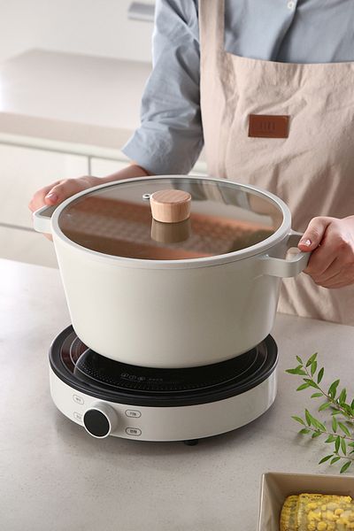 Prima Nova 26cm Beige Cast Aluminum Deep Pot - Fika Design with Glass Lid