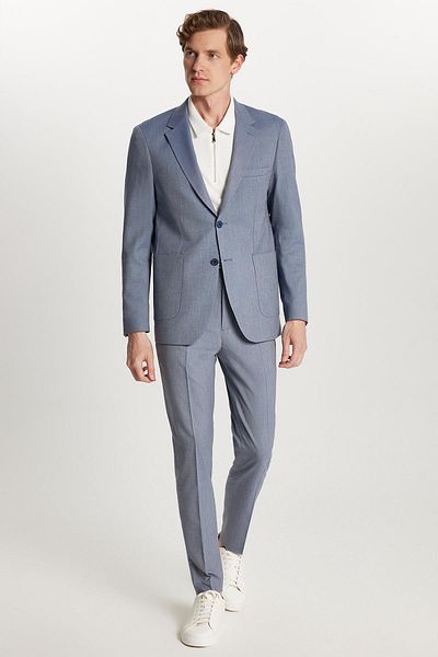 Tudors Men's Regular Fit Blue Flexible Lycra Fabric Mono Collar Bag Pocket Suit
