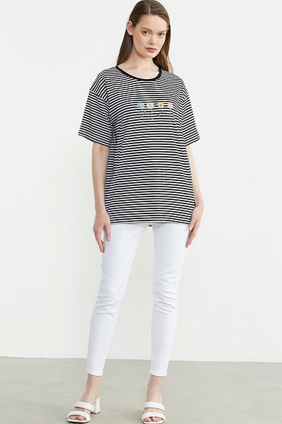 Sementa Striped Embroidery Detailed T-Shirt - Black