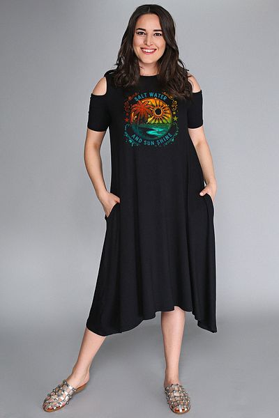 Curvy Trend Large Size Salty Water Printed Off-The-Shoulder Dress