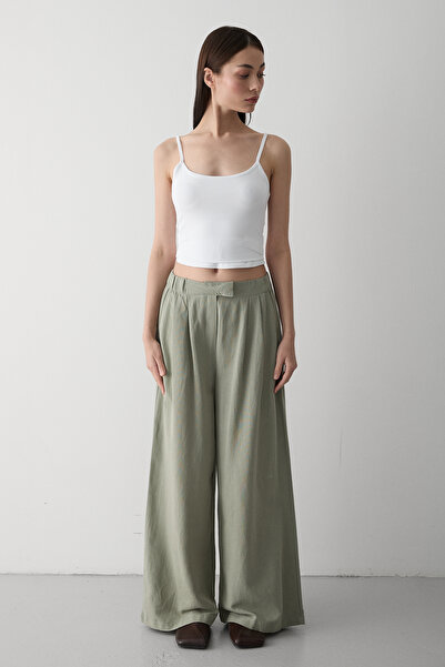 Laluvia Khaki 100% Cotton Side Buttoned Wide Leg Trousers - 3508