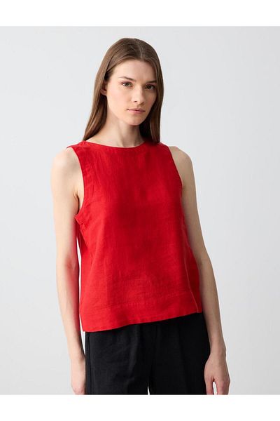 Jimmy Key Red 100% Linen Round Neck Sleeveless Woven Blouse