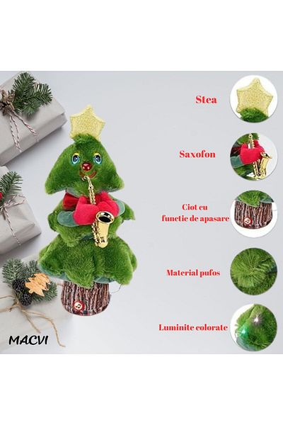 MACVI Jucarie Interactiva Macvi® de Craciun Brad Dansator cu Cantece, Miscari si Iluminare, 25 cm