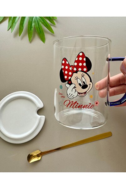 Mickey Mouse Minnie Mouse-disney Figürlü Kapaklı- Kaşıklı Cam Bardak-mickey T...