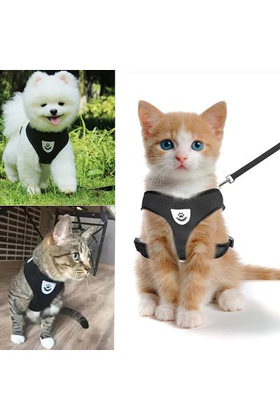 PUFO Adjustable harness and leash set for dogs or cats, size M, black