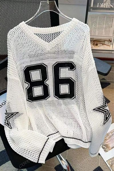 Moibody Boston 86 Pulover din tricot din tricot Pulover supradimensionat pentru femei cu model de stele – alb/negru/maro