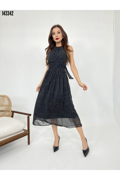 Modayakamoz Kadın Midi Boy Desenli Halter Yaka Beli Lastikli Şifon Elbise