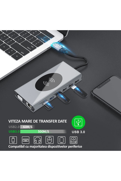 NEXTLY Hub USB-c 15 în 1 multifuncțional, , Adaptor multiport, wireless Incarcare, 1 X Hdmi, 1 X