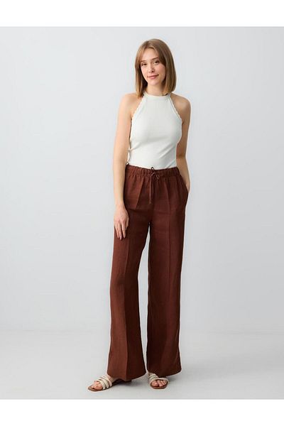 Jimmy Key Bitter Brown 100% Linen Relaxed Cut High Waist Loose Wide Leg Lace up Trousers