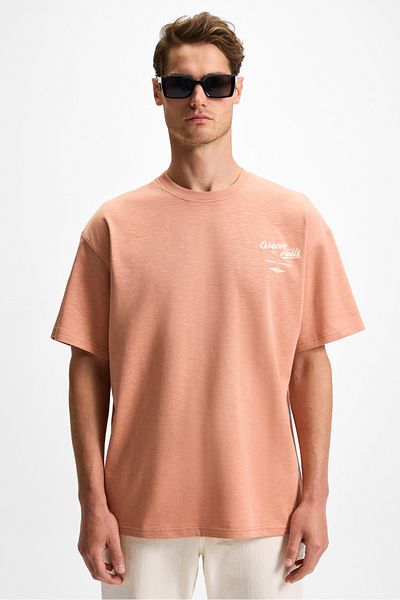 GRIMELANGE Grenn Men's Front Print and Embroidery Detail Oversize Short Sleeve Organic Cotton Brick Color T-Shirt