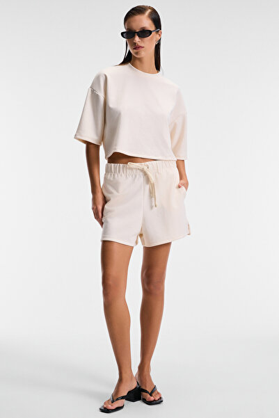 GRIMELANGE VELA Γυναικείο ελαστικό ύφασμα Crew Neck Oversize Fit Μπεζ T-Shirt