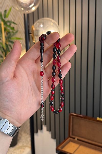dergah tesbih Ateş-i Amber Silver Design - Red Black