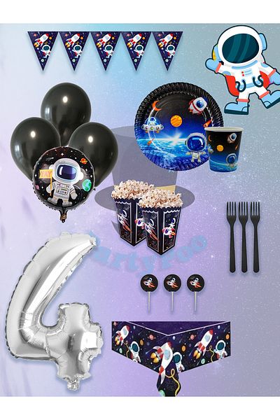 PartyPoo Space Themed Birthday Set for 16 Guests - Planet Balloons Astronaut and Rocket Decor Party Supplies