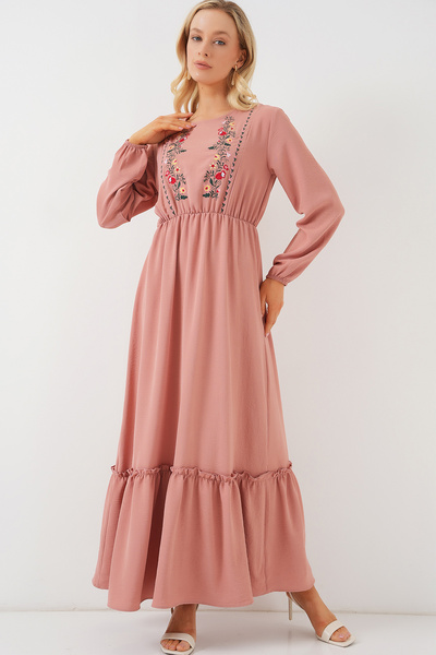 Bigdart Kadın Nakışlı Uzun Tesettür Elbise 2550 - Pudra