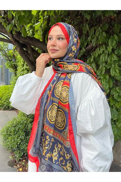 Mira İpek Ethnic Pattern Imported Voile Silk Shawl - Red