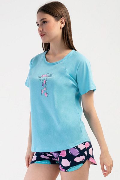 VİENETTA Women's Short Sleeve Turquoise Shorts Pajama Suit C1T5N2O804