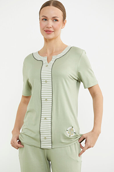 Sementa Stripe Detailed Capri Combed Cotton Suit - Green