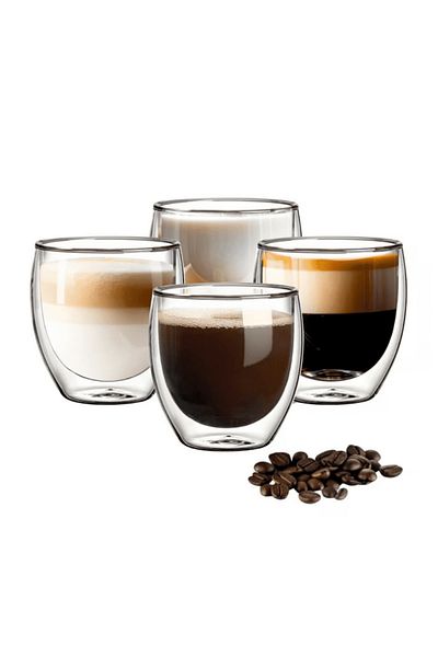 Köken Set de 4 căni, cană termică de cafea cu perete dublu, 100 ml fiecare, strat protector, sticlă borosilicată