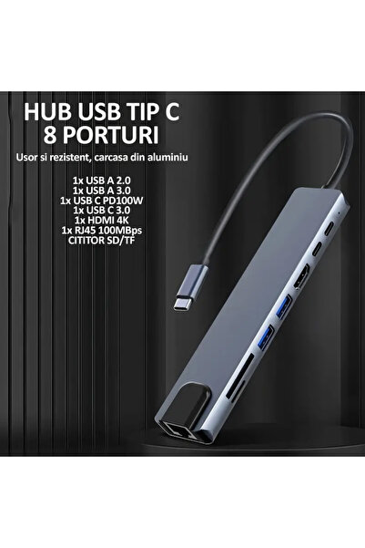 NEXTLY Hub USB tip C cu 8 porturi, Adaptor multiport, 1x HDMI, 2x USB A, 2x USB C, 1x RJ45 100mbps