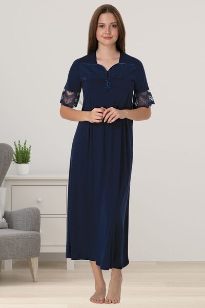 ByLohusa Effortt Lacivert Dantelli Kısa Kol Hamile Lohusa Gecelik