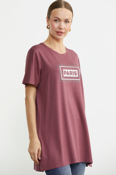 Sementa Plus Size Printed Long Tunic T-Shirt - Rose