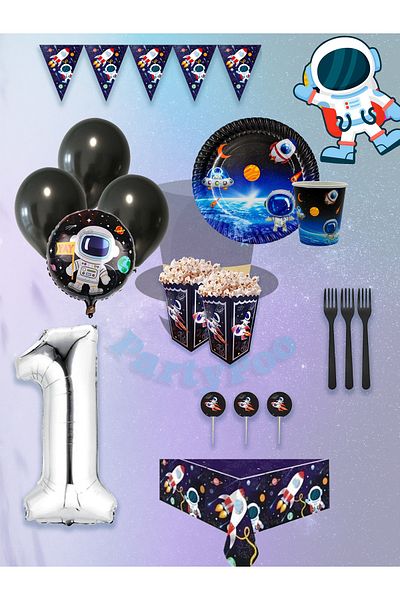 PartyPoo Space Themed Birthday Set for 16 Guests - Planet Balloons Astronaut and Rocket Decor Party Supplies