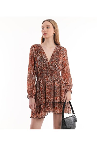 Miss Allos Kadın Şifon Astarlı V Yaka Mini Elbise 712