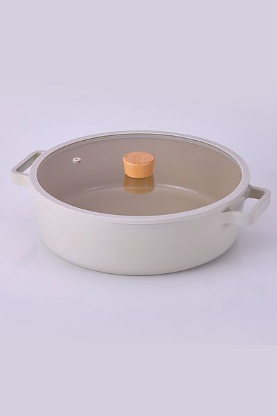 NEOFLAM Fika Aluminum Shallow Pot with Glass Lid 26 Cm Beige