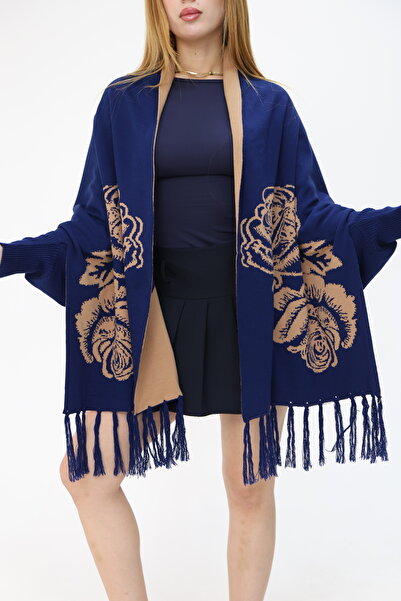 ALCHON Шаль з довгими рукавами, з квітковим візерунком, двосторонній, з бахромою та еластичною манжетою, сезонний трикотажний шаль