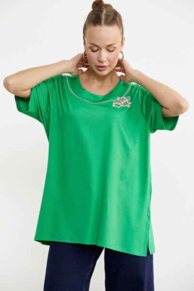 Sementa Embroidered Large Size Combed Cotton T-Shirt - Green