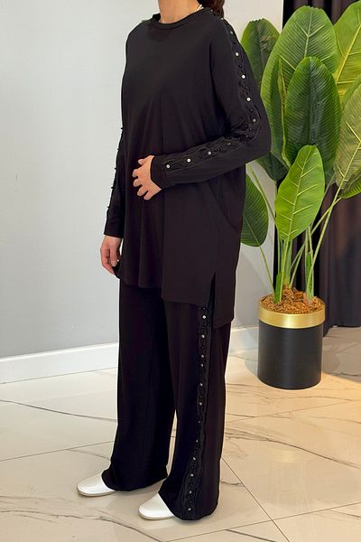 Ceremony Tunic Suit with Side Staples and Stone Detail 5983 Black