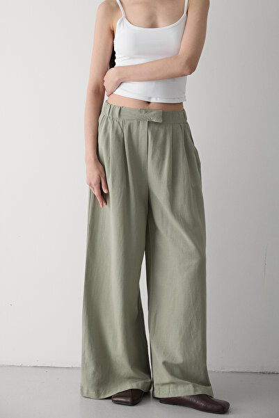 Laluvia Khaki 100% Cotton Side Buttoned Wide Leg Trousers - 3508