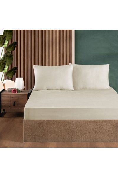 First Choice Set husa de pat cu elastic si 2 fete de perna, bumbac ranforce 100%, 140x200 cm, Bej (Moon Bean)