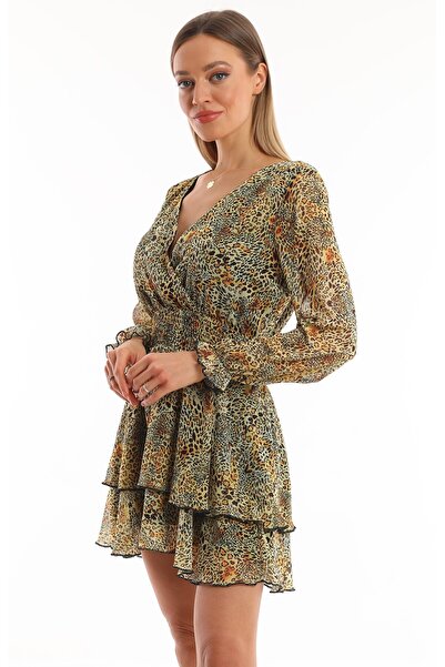 Miss Allos Kadın Şifon Astarlı V Yaka Mini Elbise 712