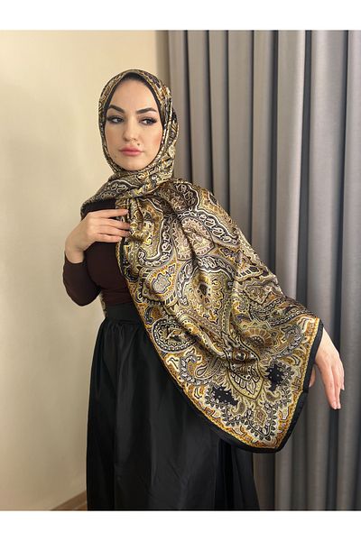 NEDEFİT Voile Silk Double-Sided Ethnic Pattern Shawl – Black Gold Luxury Pattern