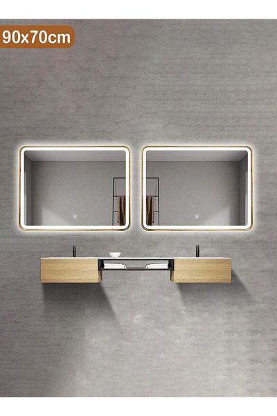 Taimi Set of 2 Rectangular Wall Mirrors with Gold Aluminum Frame Touchable for Bathroom Bedroom 90x70cm