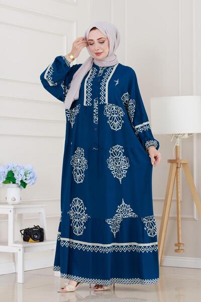 Sevitli Yarım düğmeli Robalı Beyza Elbise-İndigo