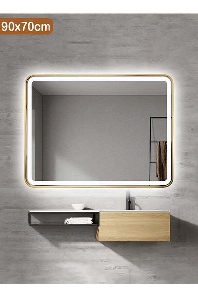 Taimi Rectangular Wall Mirror with Gold Aluminum Frame Touch Front Light for Bathroom Bedroom 90x70cm